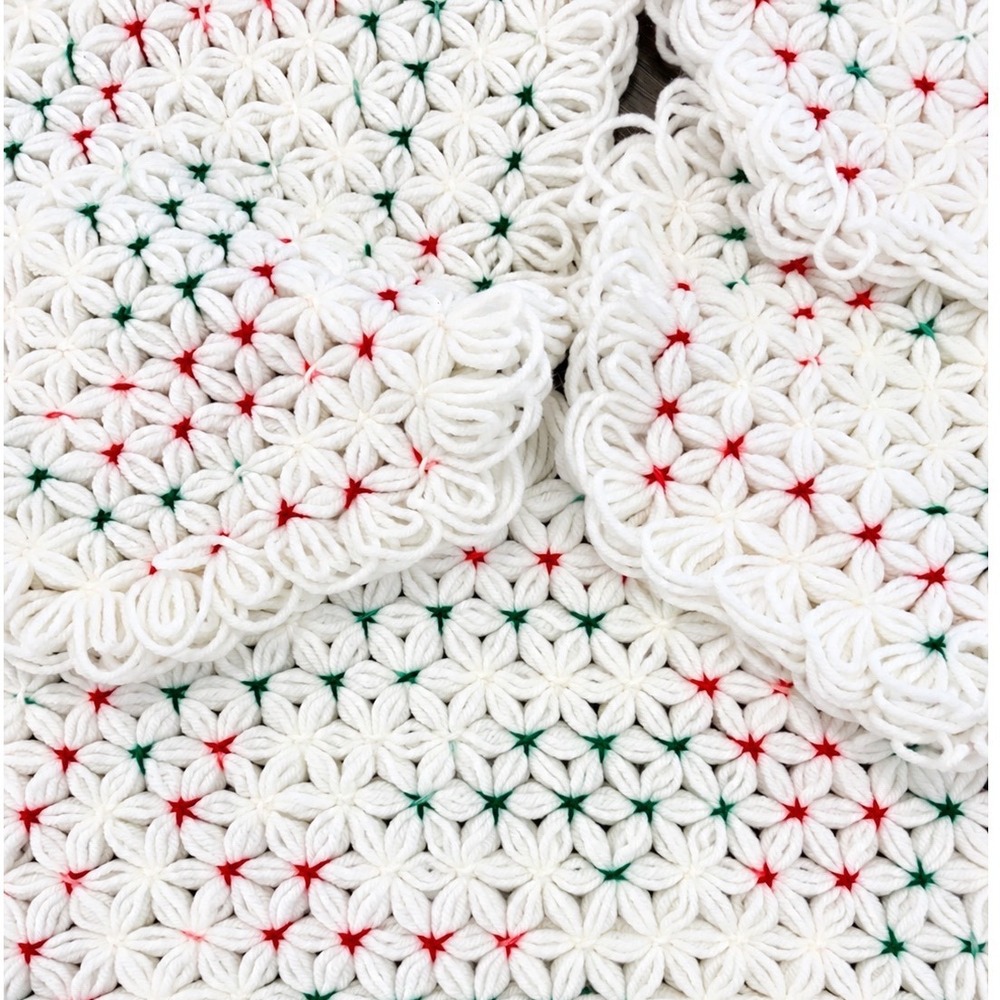 Set of 6 Handmade Crochet Yarn Placemats Cream Red Green Christmas Table Decor